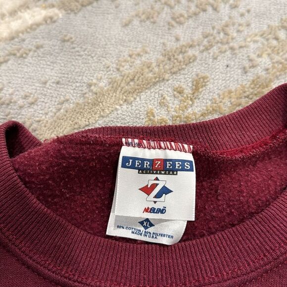 VTG Jerzees sweatshirt Heritage Lace Placemat Folk Art Primitive Houses on front - Picture 3 of 10